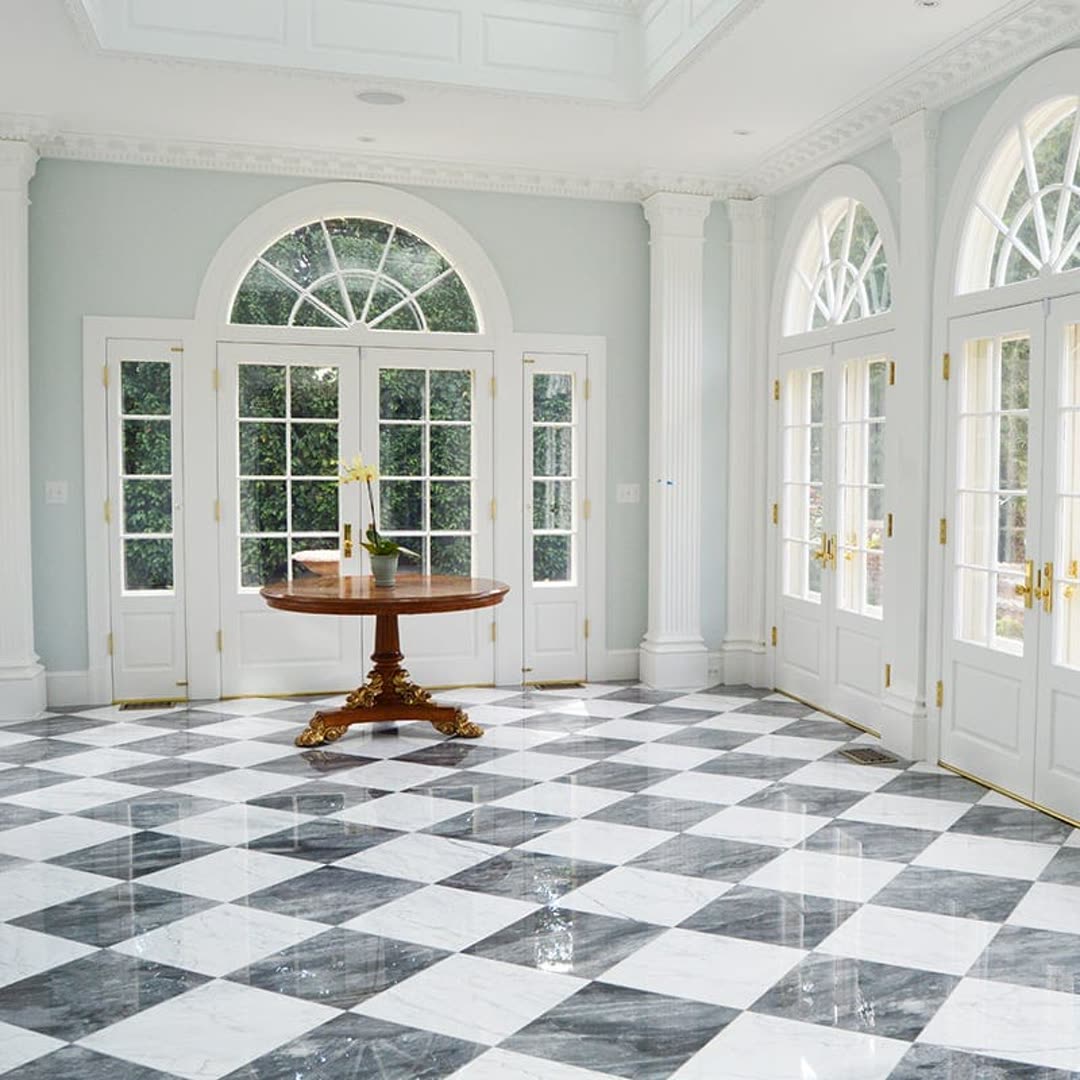 Illustrative placeholder image of a charcoal and limestone tile floor